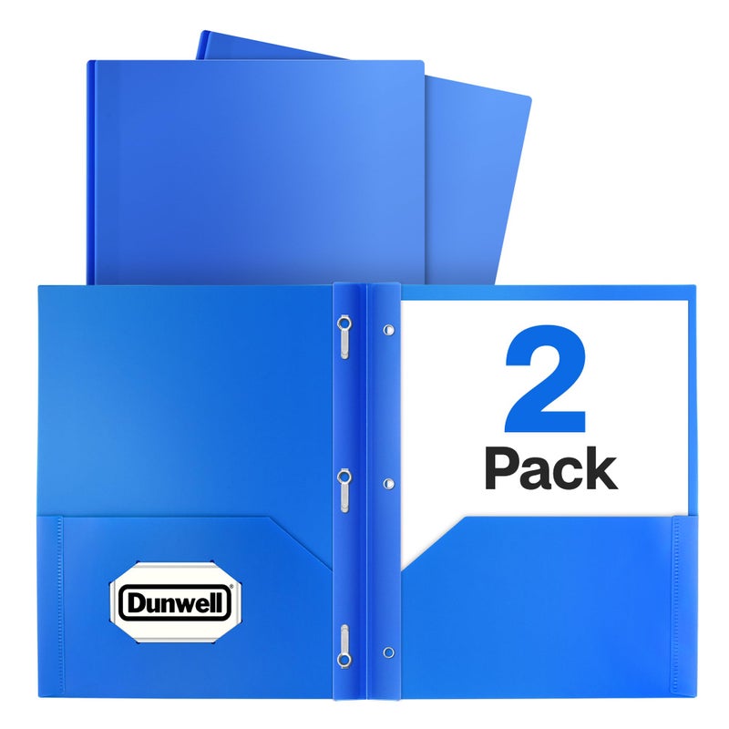 Dunwell Plastic Folders with 3 Prongs, (2 Pack, Blue), 2-Pocket Folders with Fasteners, Durable Acid-Free Poly for Long Term Use, Labels Included - Image 1